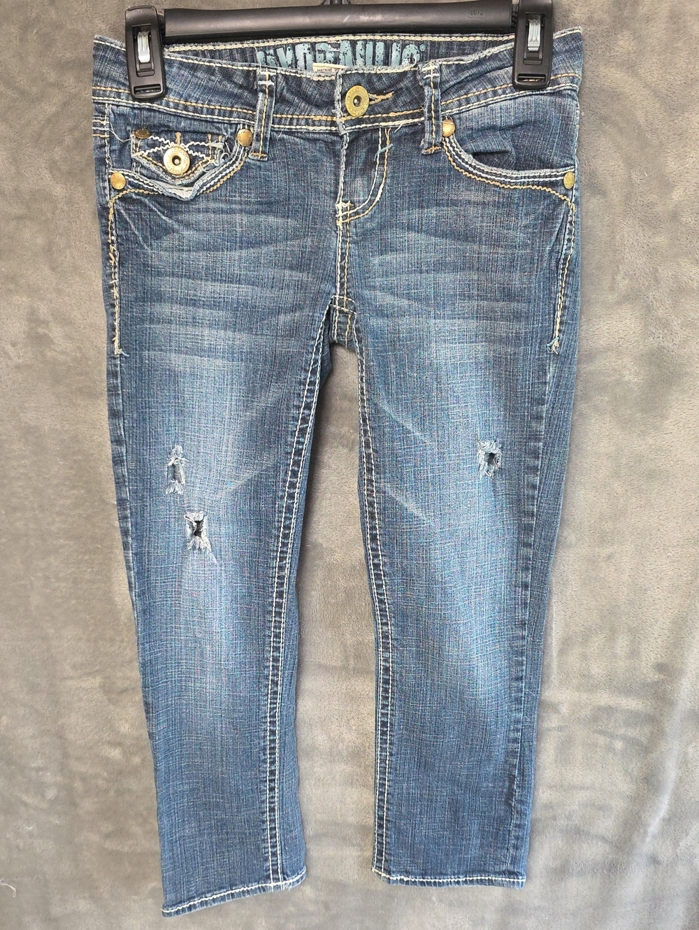 Hydraulic Distressed Mid Blue Cropped Jeans